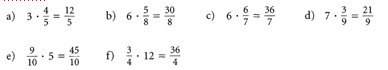 5. und 6. Klasse Multiplikation Bruch mal natürliche Zahl mit Lösungen 5