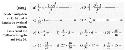 5. und 6. Klasse Multiplikation Bruch mal natürliche Zahl mit Lösungen 8